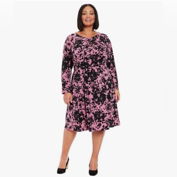 London Times womens Pleated Neck Long Sleeve Fit and Flare dresses